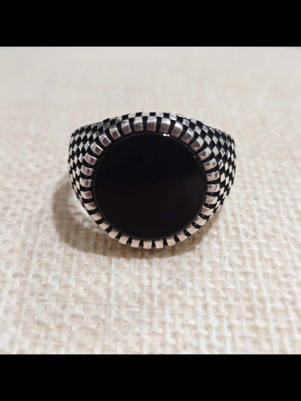 Men's Black Onyx Signet Ring - Sterling Silver Checker Design~size 11.5